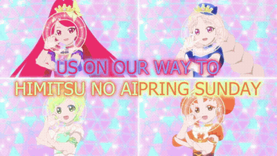 Us On Our Way To Himitsu No Aipring Sunday Is Written On A Colorful Graphic GIF