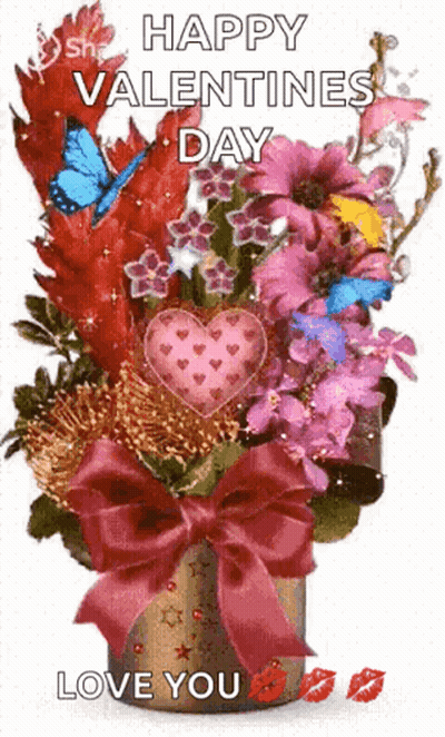 Valentine's Day Card With Vase Of Flowers And Butterflies GIF
