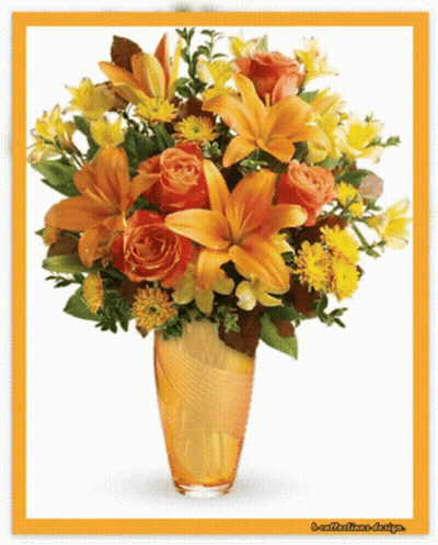 Vase Of Orange And Yellow Flowers With Yellow Border GIF