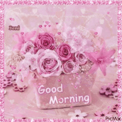 Vase Of Pink Roses Saying Good Morning GIF