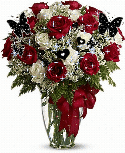 Vase With Red And White Roses Hearts And Butterflies GIF