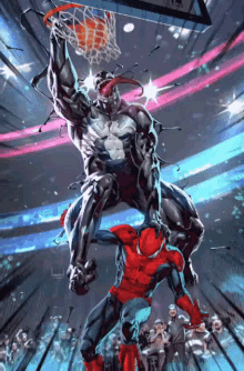 Venom And Spider-Man Are Playing Basketball And Venom Is Dunking The Ball GIF