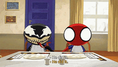 Venom and Spider-Man Sitting at Table Talking