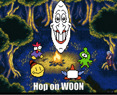 Video Game Cartoon Characters Around Campfire With Words Hop On Woon GIF