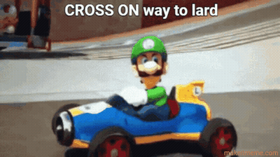 Video Game Character Driving Toy Car Cross On Way To Lard
