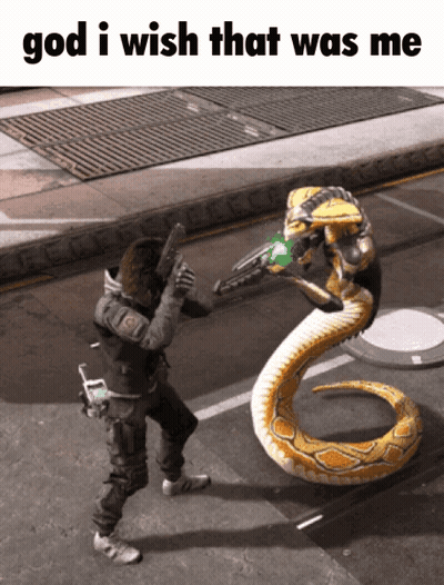 Video Game Character Fighting Snake Saying God I Wish That Was Me GIF