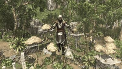 Video Game Character Flying In Jungle GIF