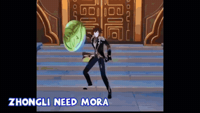 Video Game Character Holding Green Object Says Zhongli Need Mora GIF