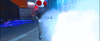 Video Game Character Holding Gun In Front Of Mono Sign GIF