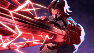 Video Game Character Holding Large Red Weapon GIF