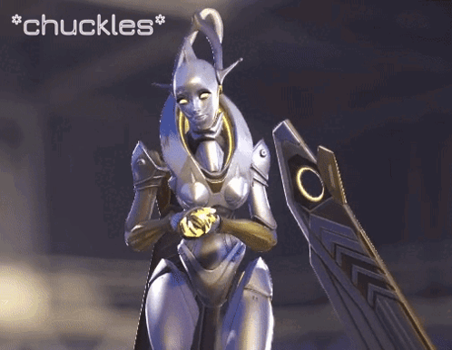 Video Game Character Holding Shield With Words Chuckles GIF