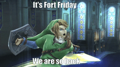 Video Game Character Holding Sword And Shield Says It's Fort Friday We Are So Back GIF
