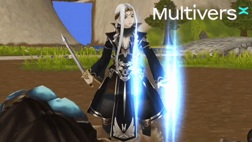 Video Game Character Holding Sword With Multivers Above Her GIF