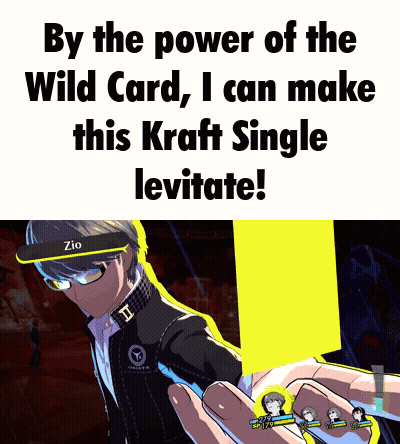 Video Game Character Holding Yellow Card Saying By The Power Of The Wild Card I Can Make This Kraft Single Levitate GIF
