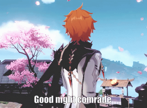 Video Game Character In Front Of Cherry Blossom Tree Saying Good Night Comrade GIF