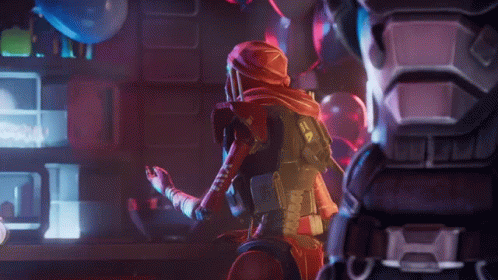 Video Game Character In Room With Balloons And Soda GIF