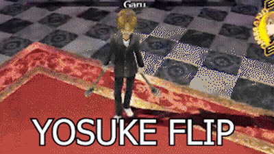 Video Game Character On Red Carpet Saying Yosuke Flip GIF