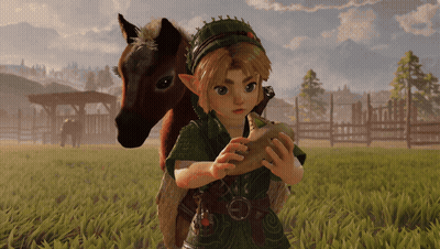 Video Game Character Playing Instrument With Horse On Back GIF