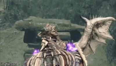Video Game Character Riding Dragon In Front Of Statue GIF