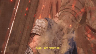 Video Game Character Saying Alas I Am Returned With Sword And Shield GIF
