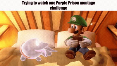 Video Game Character Sitting on Bed Trying to Watch One Purple Prison Montage Challenge