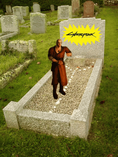 Video Game Character Standing At Grave With Cyberpunk Sticker GIF