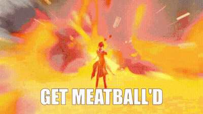 Video Game Character Standing In Front Of Explosion Saying Get Meatball D GIF