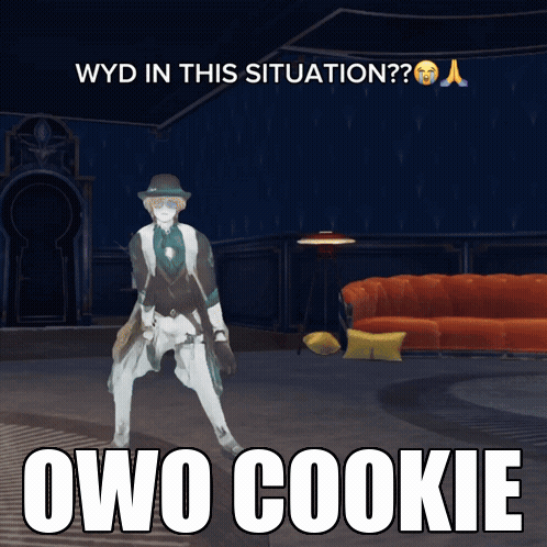 Video Game Character Standing In Room With Text Owo Cookie GIF