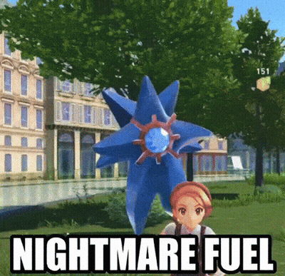 Video Game Character Standing Next To Blue Star Saying Nightmare Fuel GIF