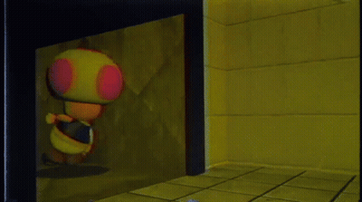 Video Game Character Standing Next to Stuffed Animal in Dark Room