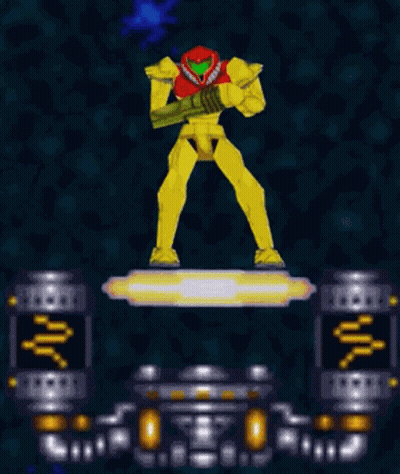 Video Game Character Standing On Platform Holding Gun In Dark Room GIF
