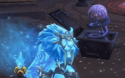 Video Game Character With Blue Hair and Beard Standing in Front of Statue