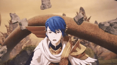 Video Game Character With Blue Hair And Gold Armor GIF