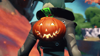 Video Game Character With Carved Pumpkin On Back GIF