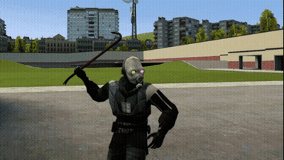 Video Game Character With Gas Mask And Pickaxe GIF