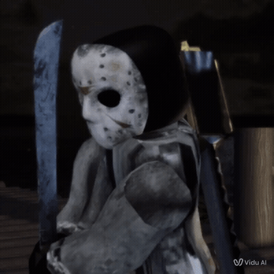 Video Game Character With Jason Voorhees Mask Holding Large Knife GIF