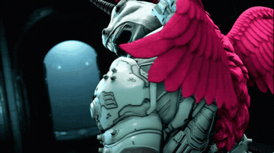 Video Game Character With Pink Wings And Unicorn Helmet GIF