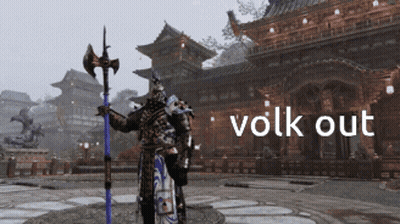 Video Game Character With Sword And Shield In Front Of Volks Out Building GIF