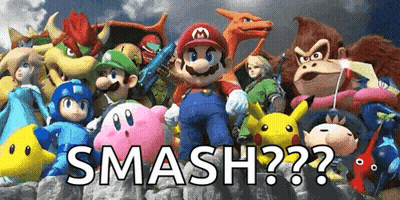 Video Game Characters Standing Next To Each Other Saying Smash GIF