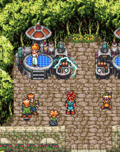Video Game Group Standing Around Brick Walkway GIF