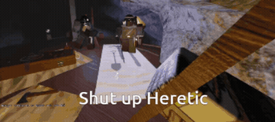 Video Game Scene Saying Shut Up Heretic GIF