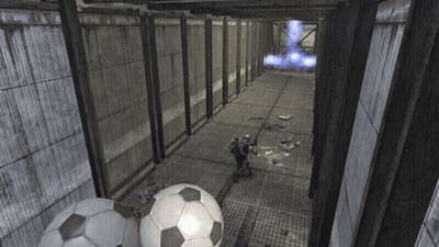 Video Game Scene With Soccer Balls And Soldier GIF