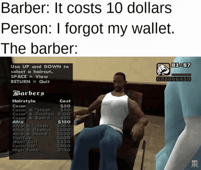 Video Game Screen Barber Costs 10 Dollars Forgot My Wallet GIF