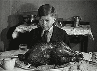 Vintage Thanksgiving Dinner Boy Looking At Turkey GIF