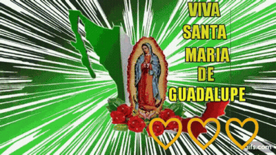Virgin Mary On Green And White Background With Hearts Viva Santa Maria De Guadalupe GIF