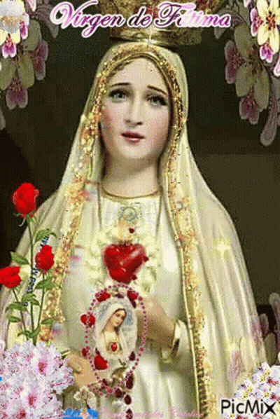 Virgin Mary Statue Surrounded By Flowers And Rosary GIF