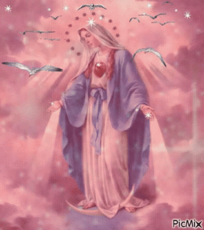 Virgin Mary Surrounded By Birds And Stars GIF