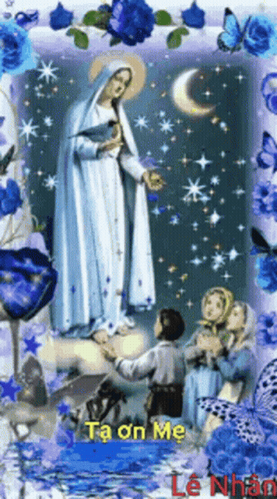 Virgin Mary Surrounded By Blue Roses GIF