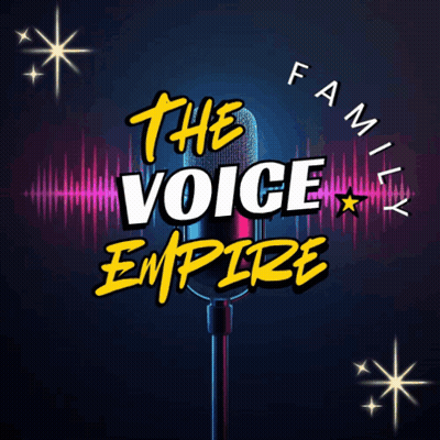 Voice Empire Poster With Microphone And Cartoon Characters GIF