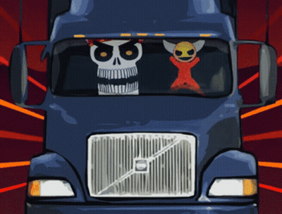 Volvo Truck With Skull And Man In Driver Seat GIF